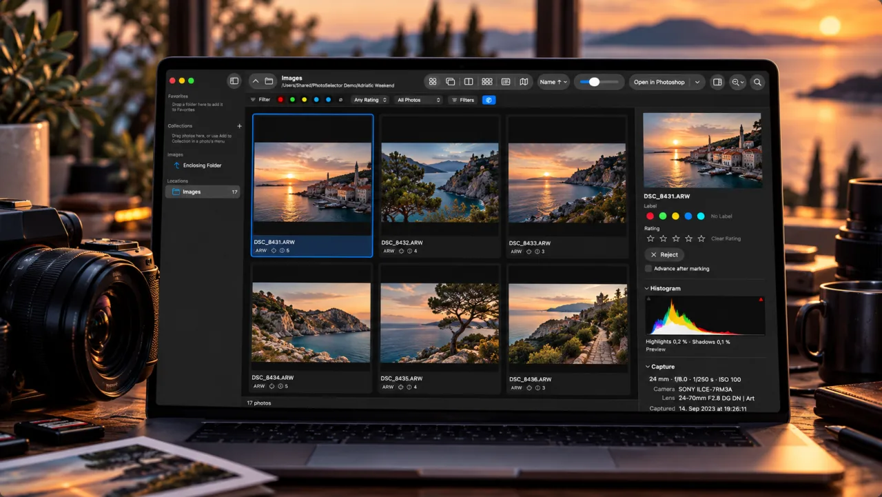 A PhotoSelector egy MacBookon, egy fotós íróasztalán naplementében: egy fotózás adriai tengerparti RAW-képei rácsban, a Felügyelőben a kijelölt fotó címkéjével, értékelésével, Elvetés gombjával és hisztogramjával