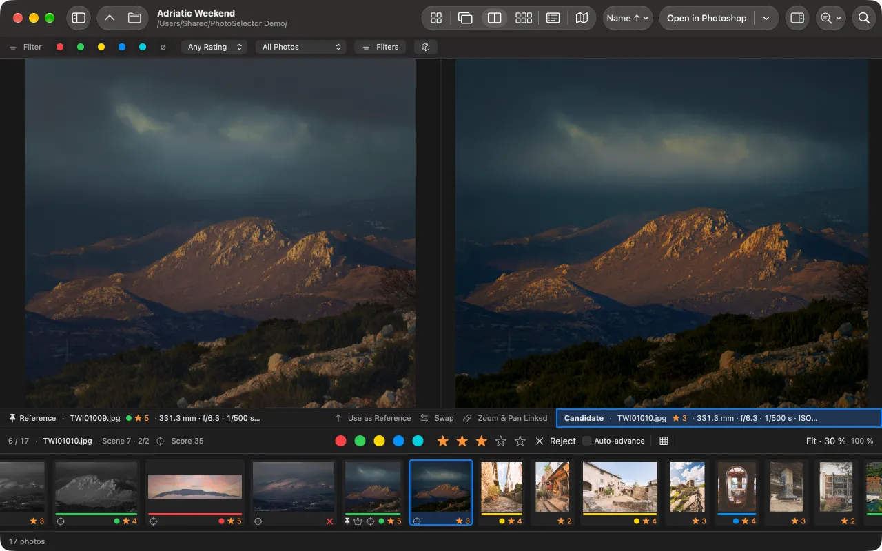 Compare: two near-identical mountain photos side by side, the Reference on the left and the Candidate on the right, with zoom and pan linked