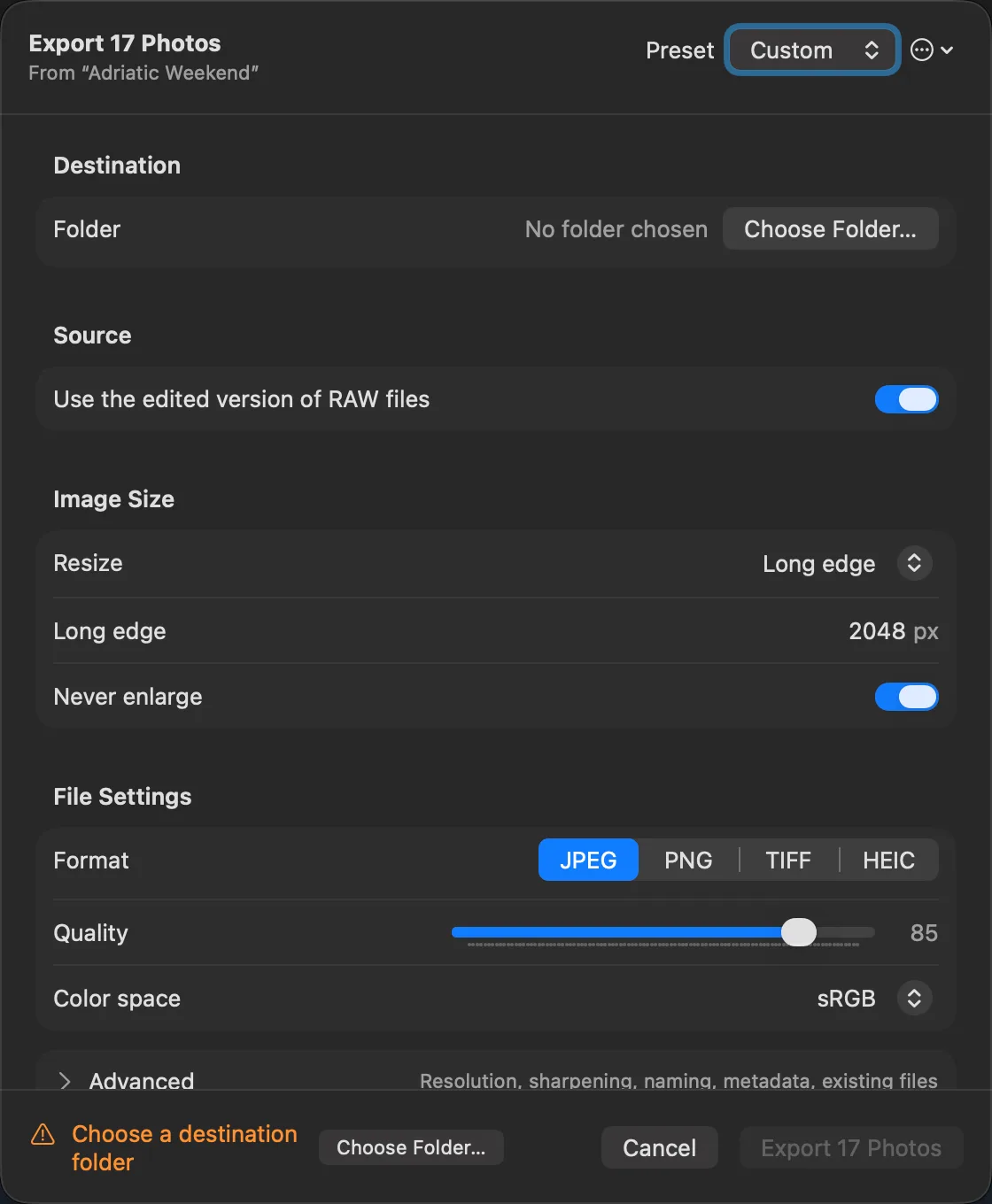 Export 16 Photos: destination folder, use the edited version of RAW files, resize to a 2048 px long edge, JPEG, PNG, TIFF or HEIC, quality 85, sRGB