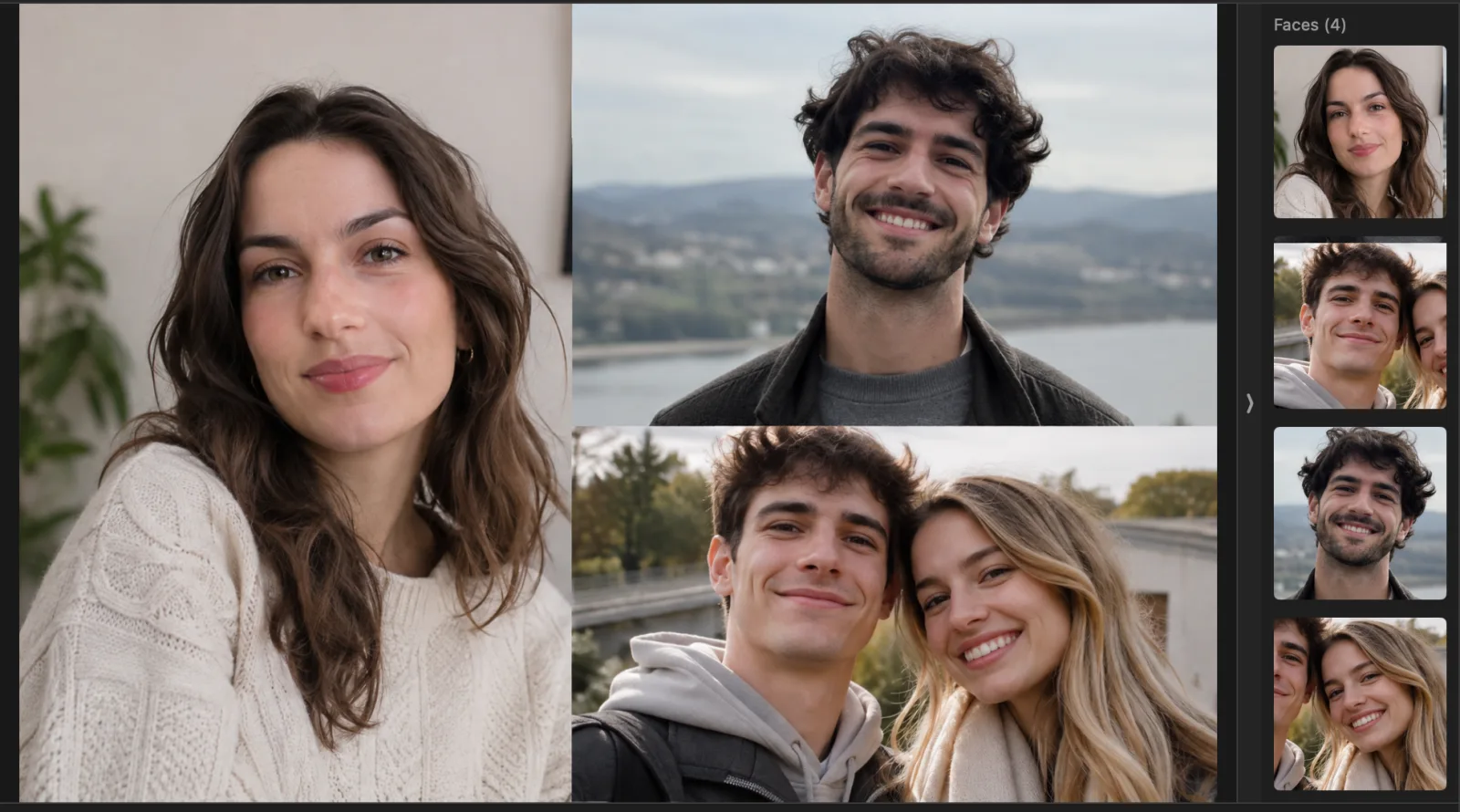 A portrait collage in the Loupe with the Faces column beside it: a close-up of each of the four faces found in the photo