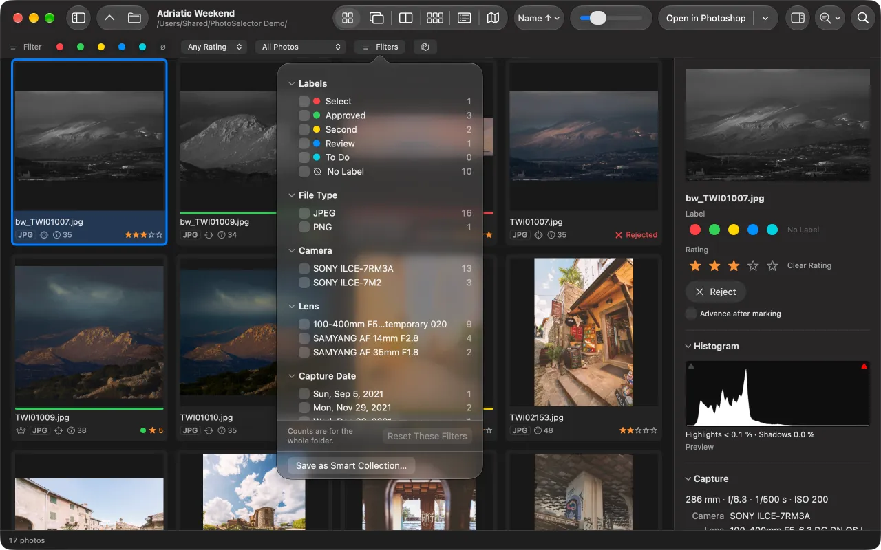 The Filters popover over the grid: labels with counts, file type, two cameras, three lenses and capture dates, with Save as Smart Collection at the bottom