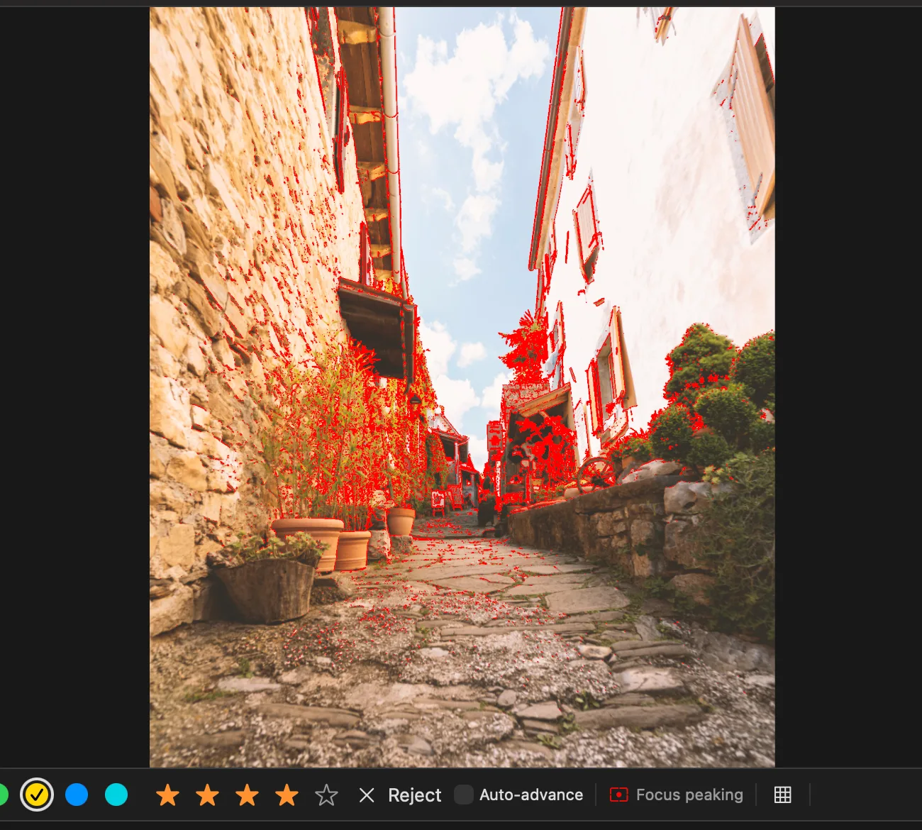 Focus peaking: the sharp edges of plants and shutters in a narrow alley are painted red